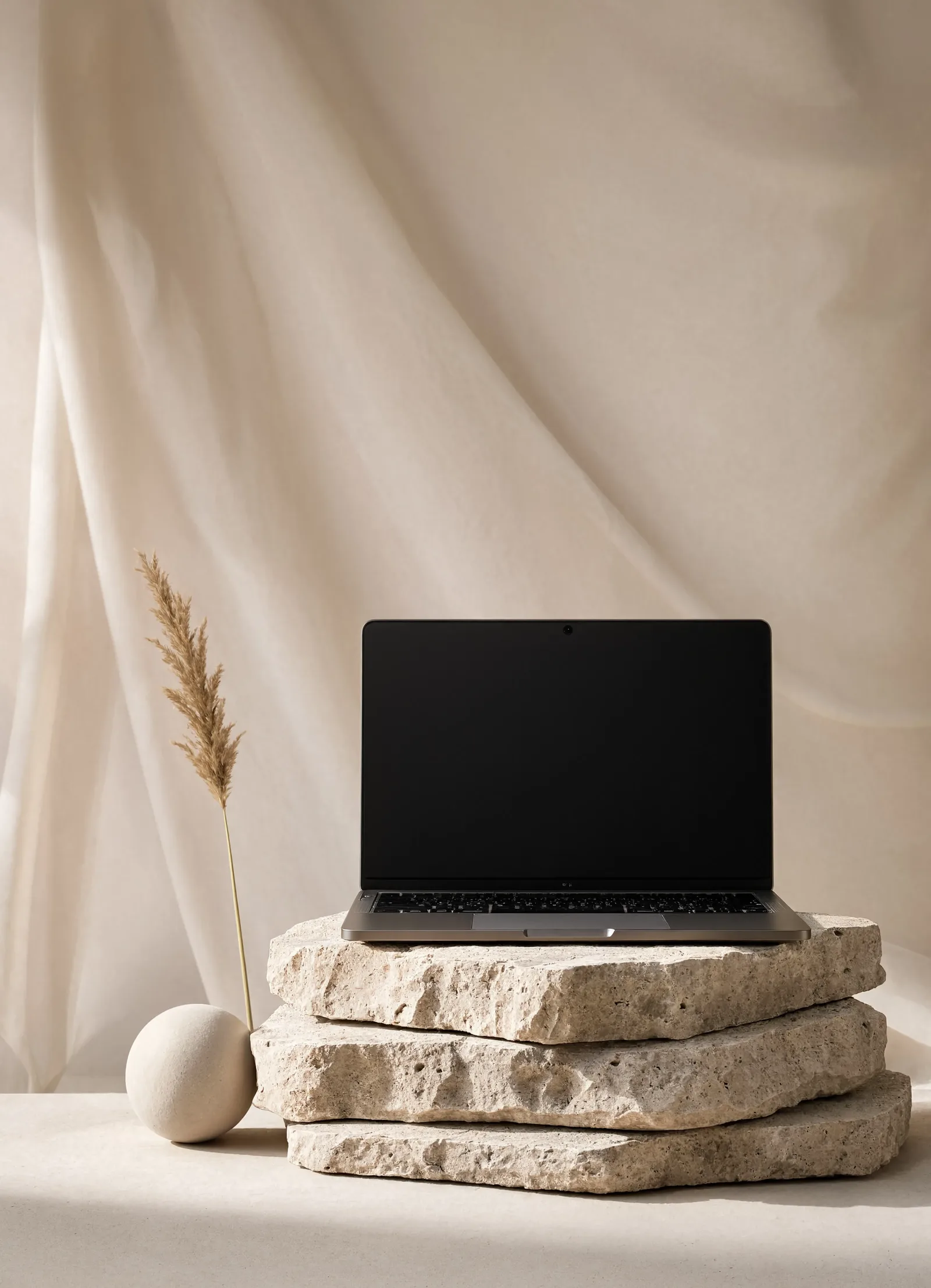 Laptop resting on stacked travertine stones in front of draped silk
